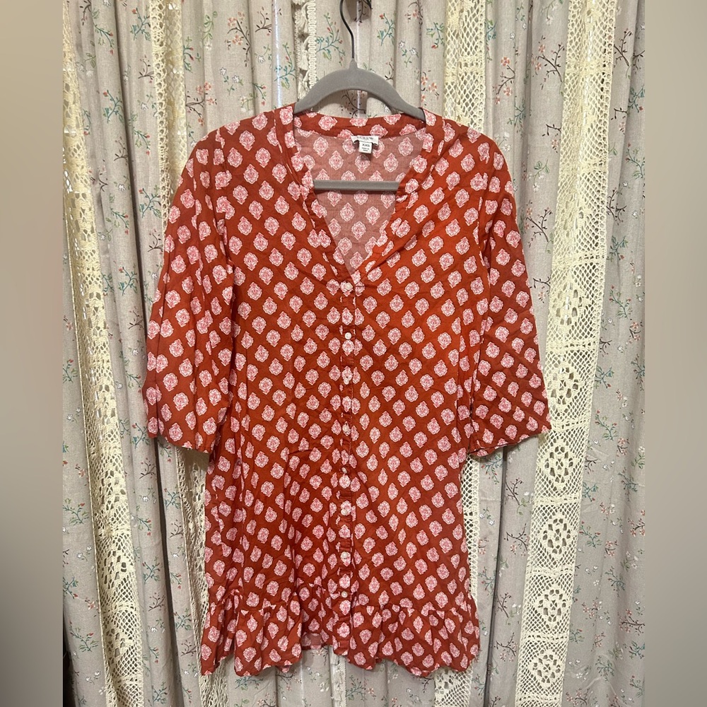J.Crew Rust Block Print Shirt Dress XXS Cotton Ruffle Hem